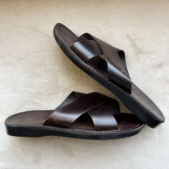 Jerusalem Elan Dark Brown Stiff Leather Slide Sandal Men EU 47 US 13.5-14 - Picture 2 of 14